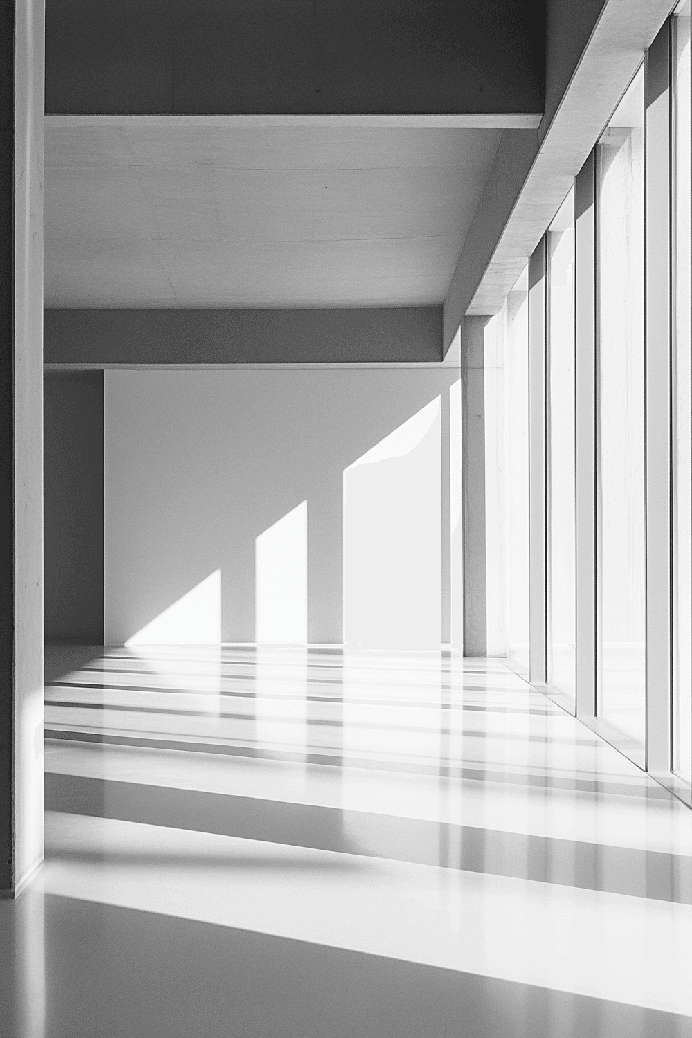 Bright interior with large windows and shadows falling across the floor