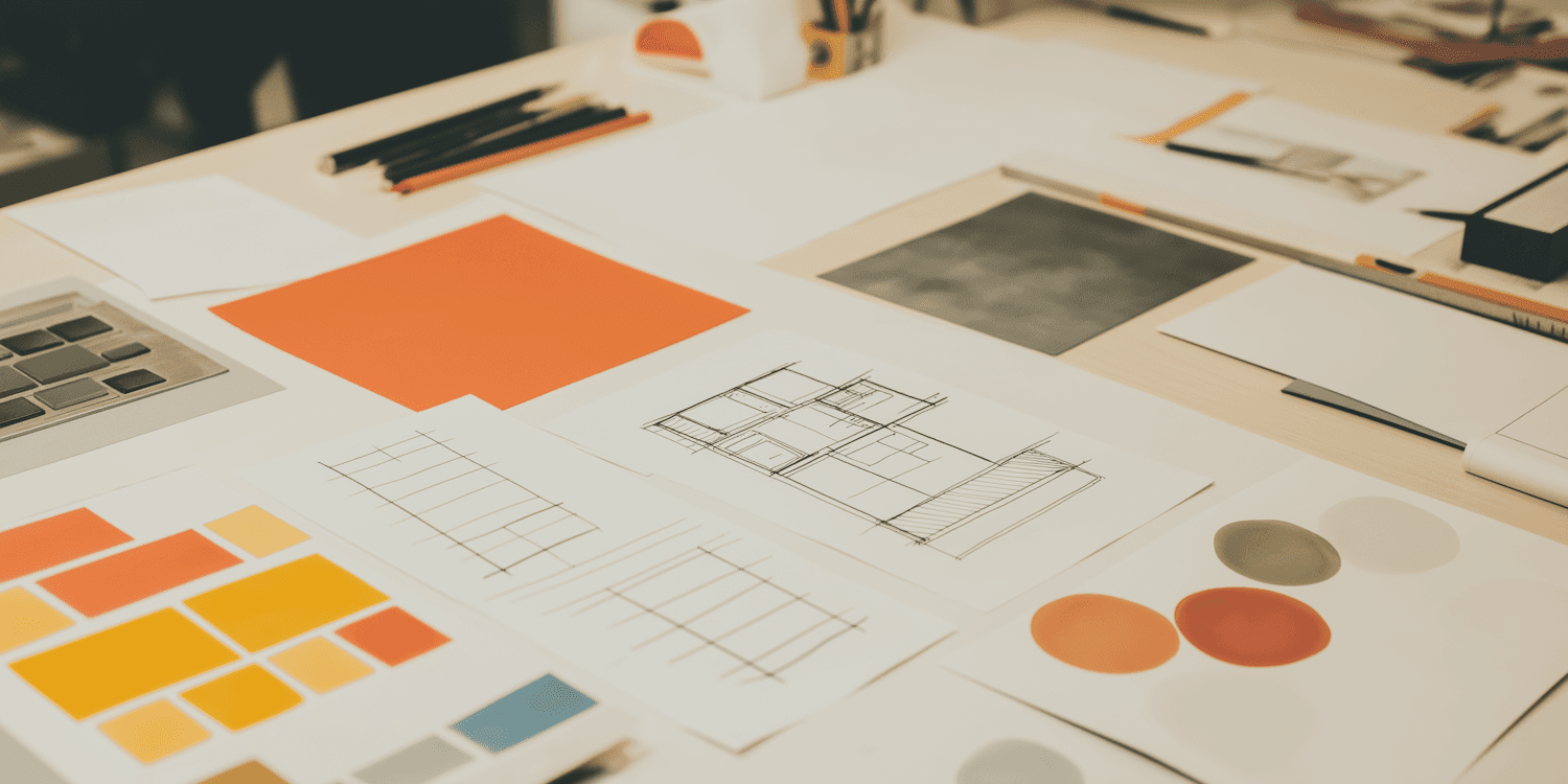 Architect workspace with sketches, plans and colour samples